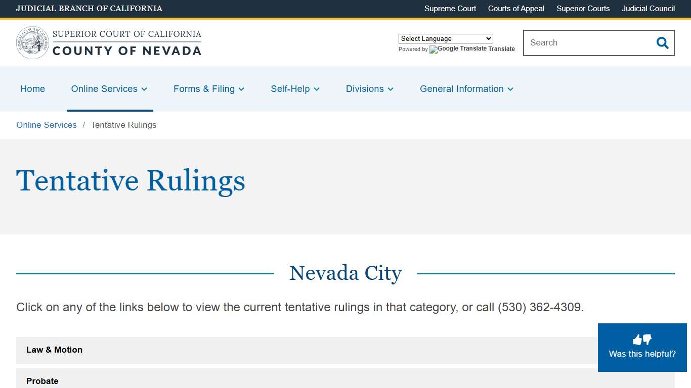 Tentative Rulings | Superior Court of California | County of Nevada